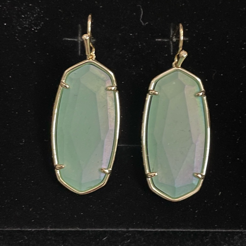 Kendra Scott “Elle” Faceted Earrings in Gold and Iridescent Mint Green.